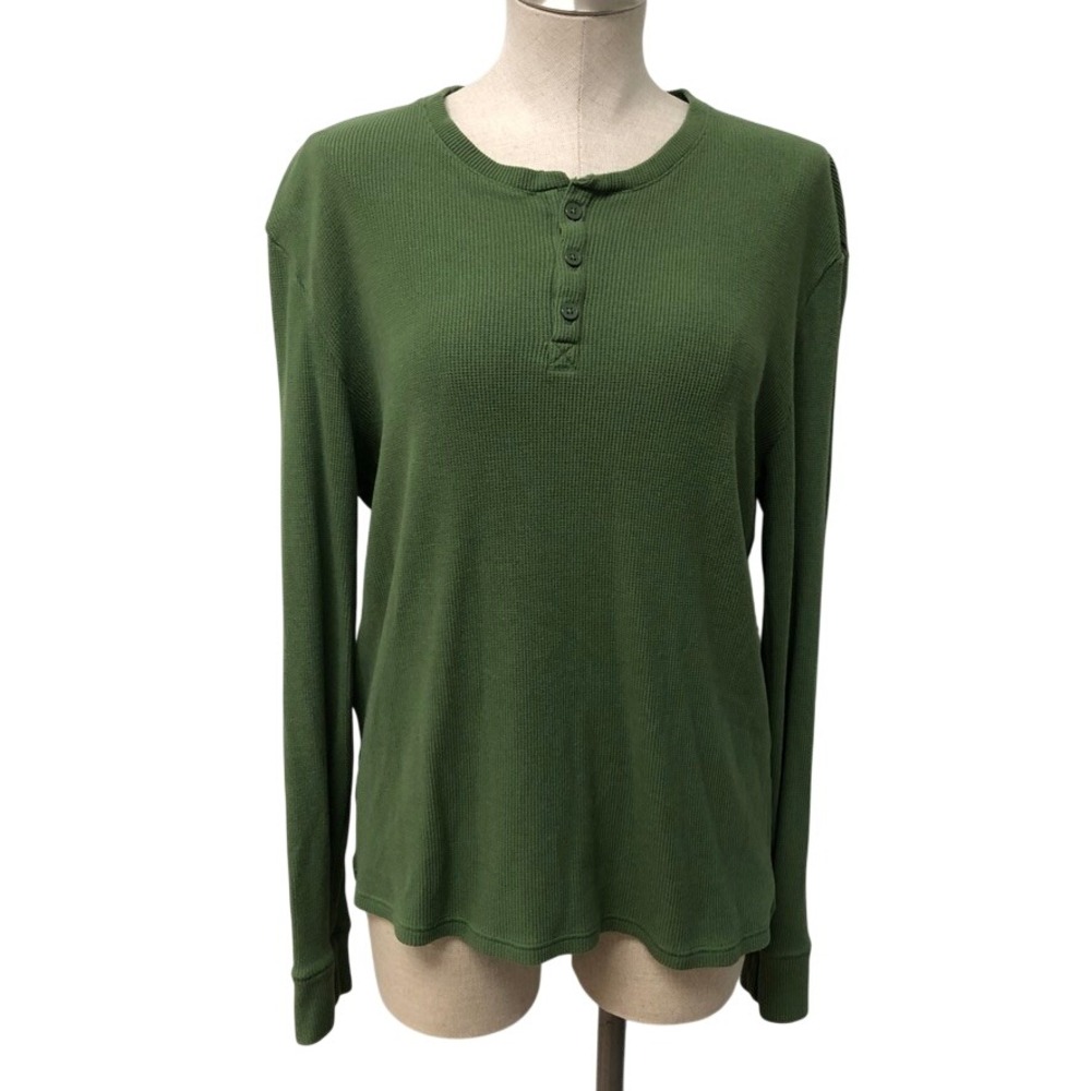 Tommy John Henley Mens Large Green Waffle Knit Long Sleeve Shirt Comfort